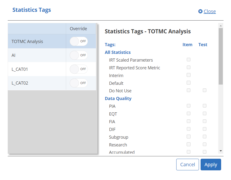 DIF Test Settings Tag Modal